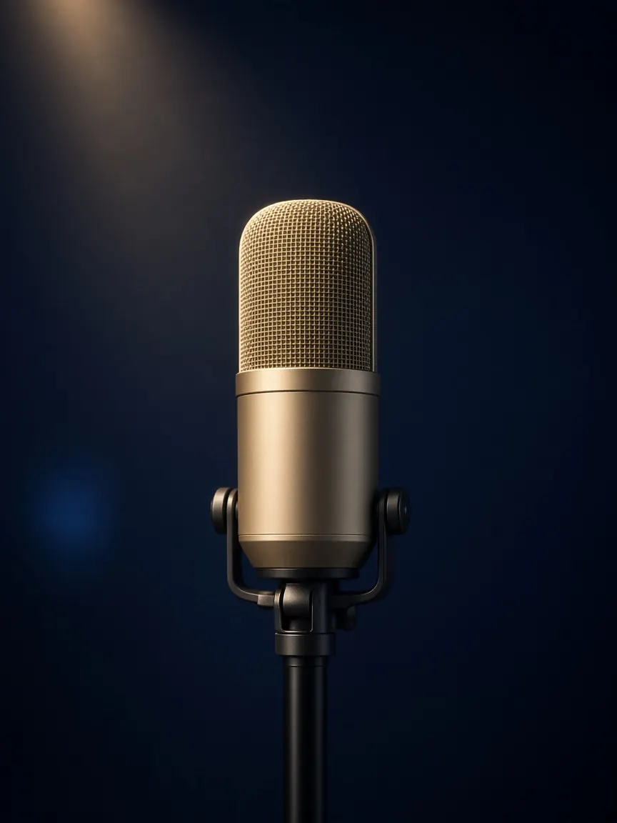 Microphone professionnel éclairé dans le studio de Radio Consecration FM